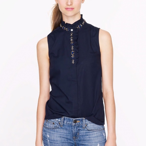 J. Crew Tops Jcrew Navy Blue Jeweled Sleeveless Ruffled Top Poshmark